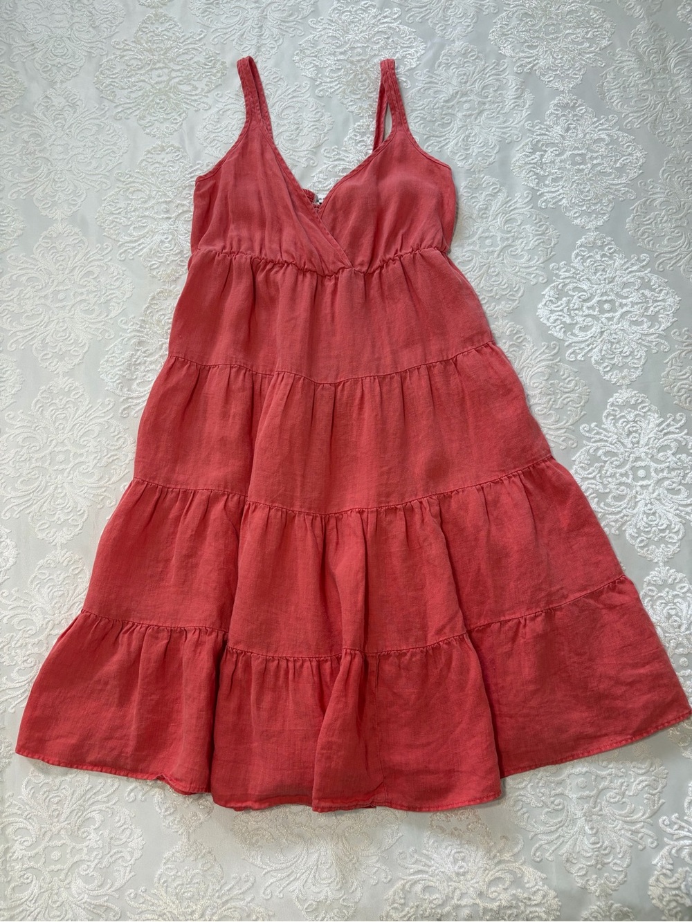 Allen Allen 100% Linen Tiered Knee Length Midi Dress Coral Granola Size Medium